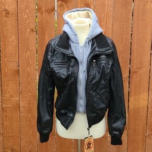 YOKI faux leather jacket with sherpa lined hood